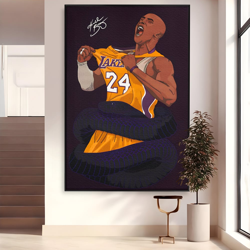 Tablou canvas cu ilustratie digitala portret kobe bryant, in rama de aluminiu negru